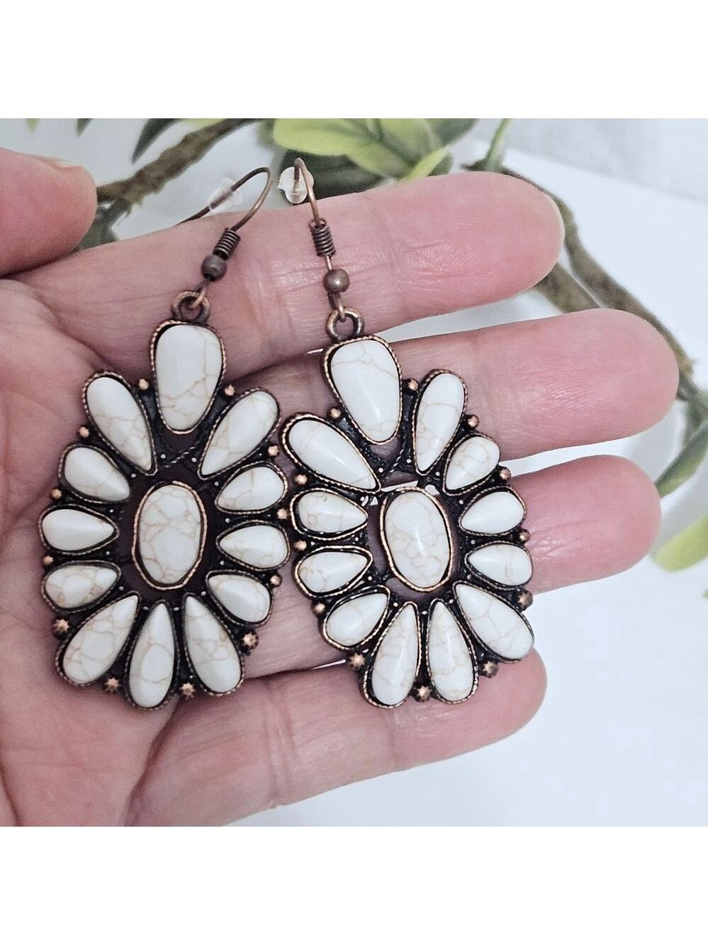Western Squash Blossom Ivory & Copper Earrings - Picture 2 of 4
